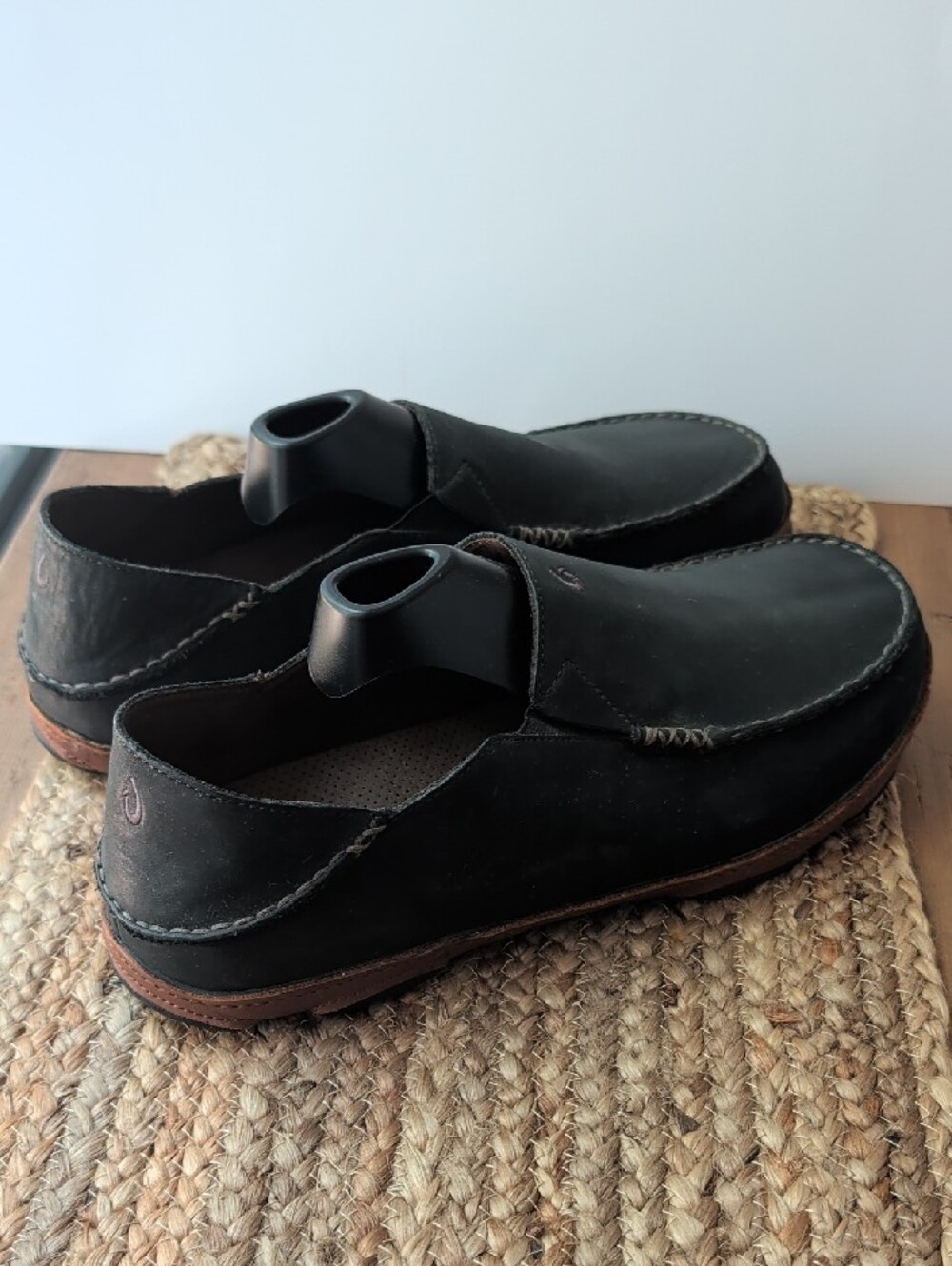 OluKai Men's Black Moloa Leather Slip-On Loafers - Picture 7 of 12